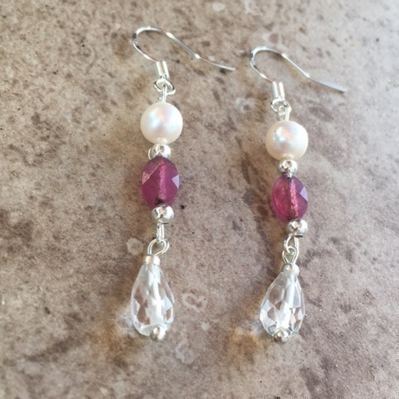 Real pearl Ruby Stone Sterling Silver Genuine pearls SS 925 earrings - Picture 16 of 16